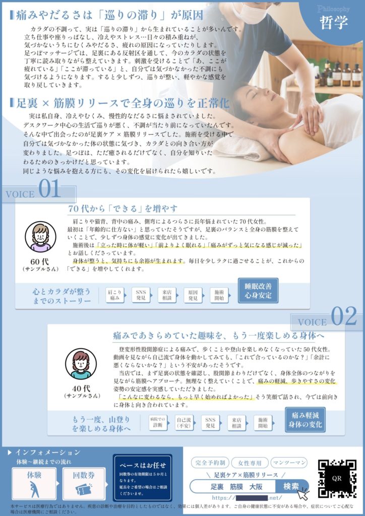 足裏ケア×筋膜リリース整体院チラシ（裏面）